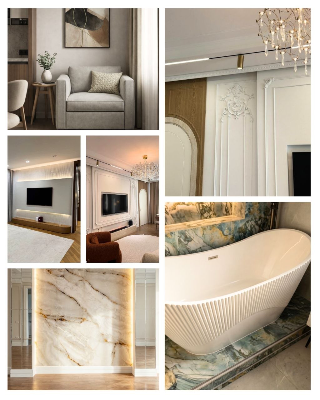 Коллаж работ Alatau C&E — интерьеры, отделка, ванные комнаты
